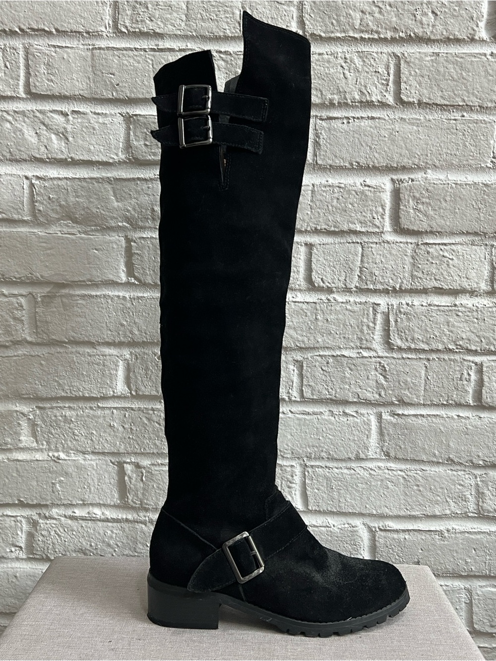 SOLE SOCIETY Black Suede Over the Knee Boots with Low heel Lug sole Buckles - Picture 8 of 16